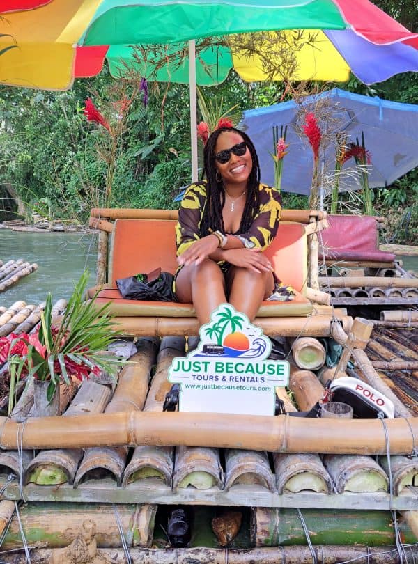 Just Because Tours client enjoying Bamboo Rafting